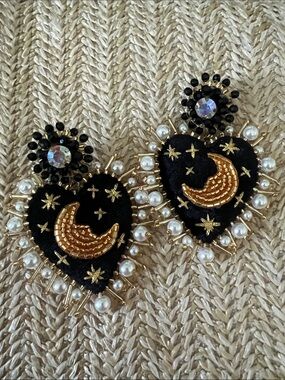 Embellished Heart Moon Drop Earrings - Black & Gold with Pearls made in Mexico